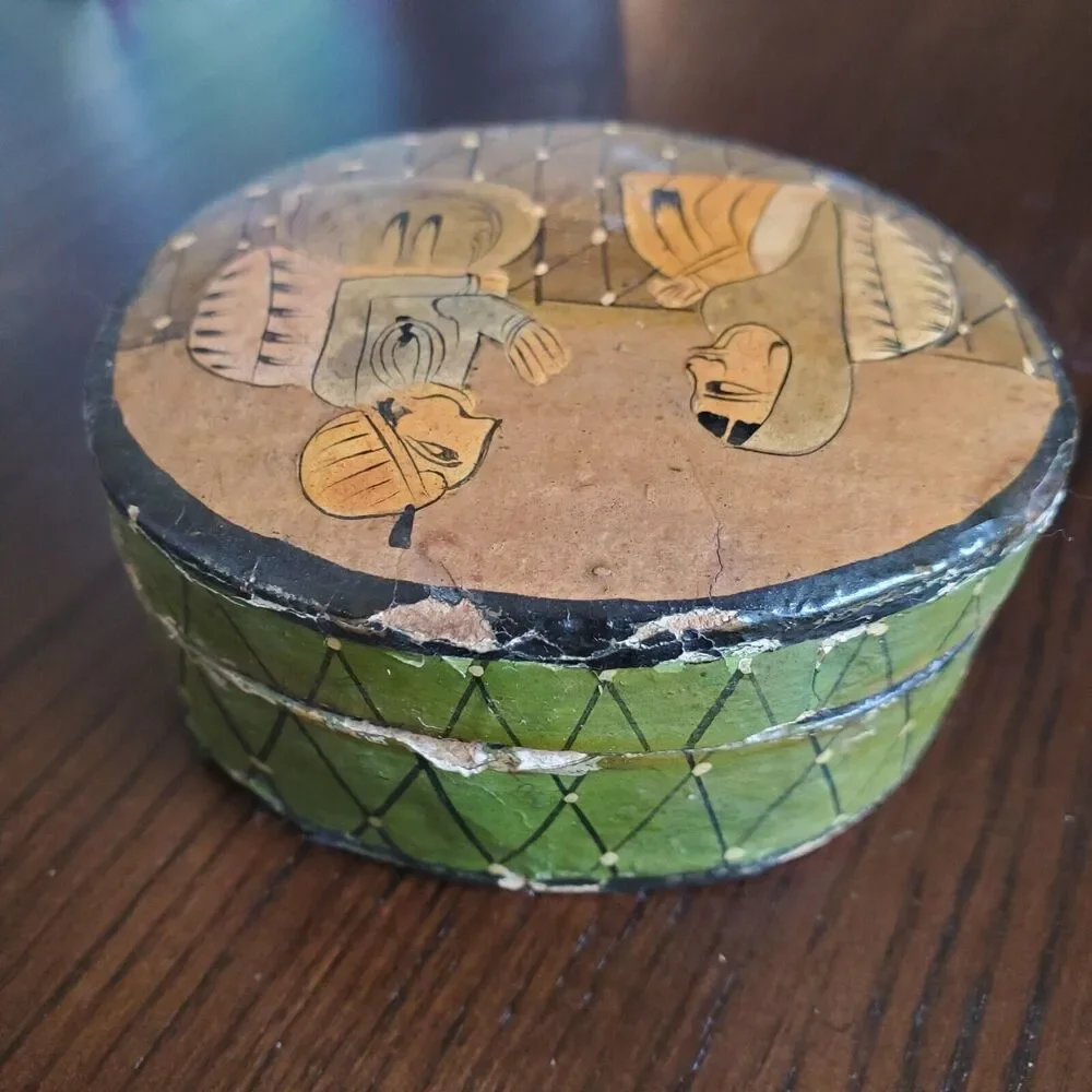 Vintage Ring Box Papier Mache Japanese? Design 3 Piece Oval Cardboard Paper - Picture 4 of 7